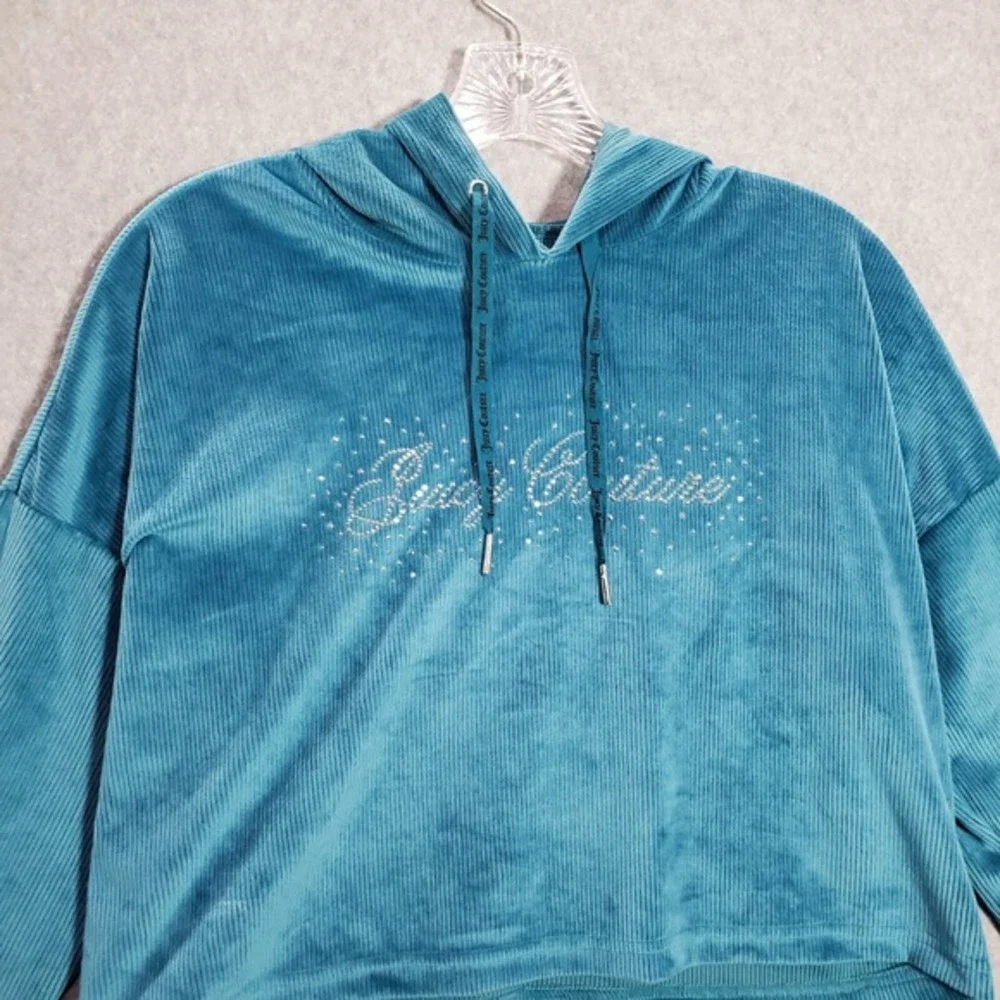 Juicy Couture Women Sweatshirt Medium Blue Crop‎ Hoodie Y2K Rhinestone Corduroy